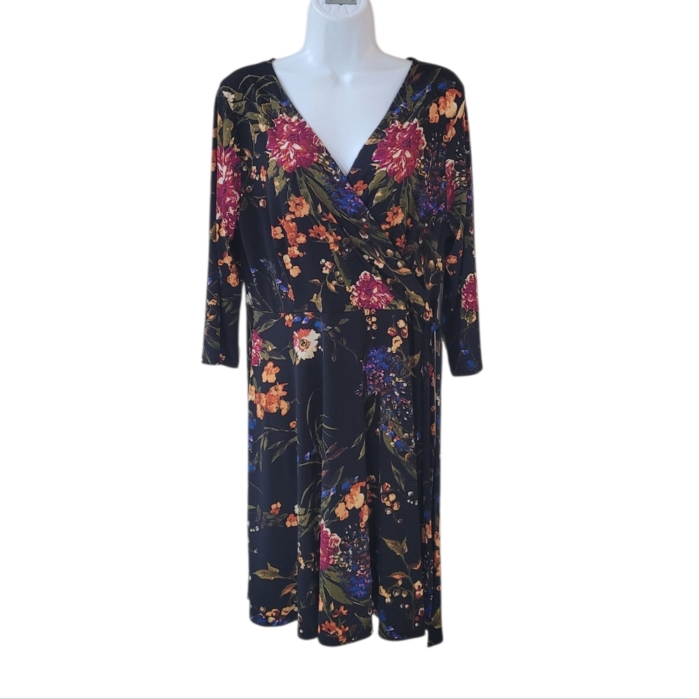 Hail3y:23 Black Floral Charlotte Faux Wrap Knit Dress Size XL